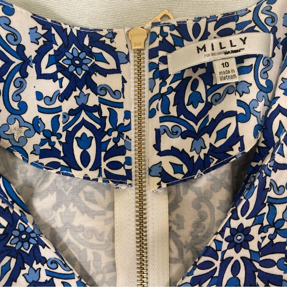 Milly dress 10 fit and flare skater blue white floral paisley pockets Zipper - Picture 4 of 16